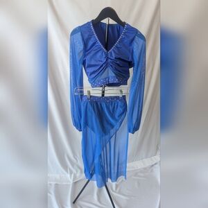Blue Dance Costume Set with Sheer Asymmetrical Skirt - Unbranded